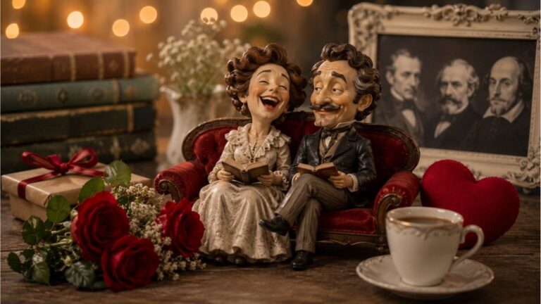 Whimsical couple figurines with roses, vintage books, and anniversary gift in a classic literary setting