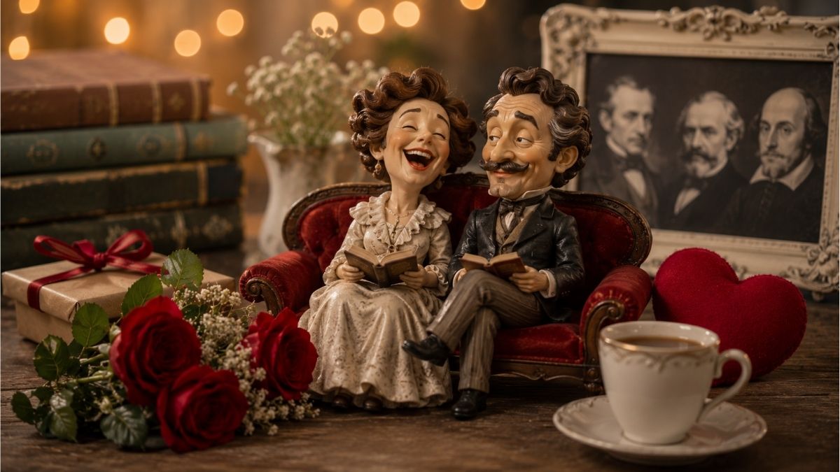 Whimsical couple figurines with roses, vintage books, and anniversary gift in a classic literary setting