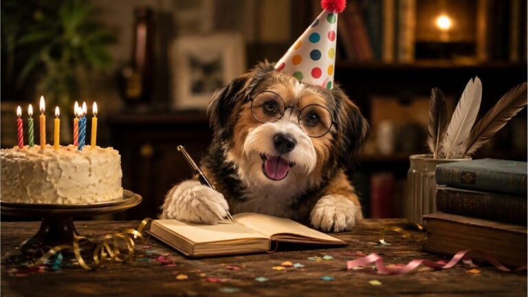 Playful dog wearing a birthday hat beside a cake and notebook, matching the lighthearted theme of funny birthday poems