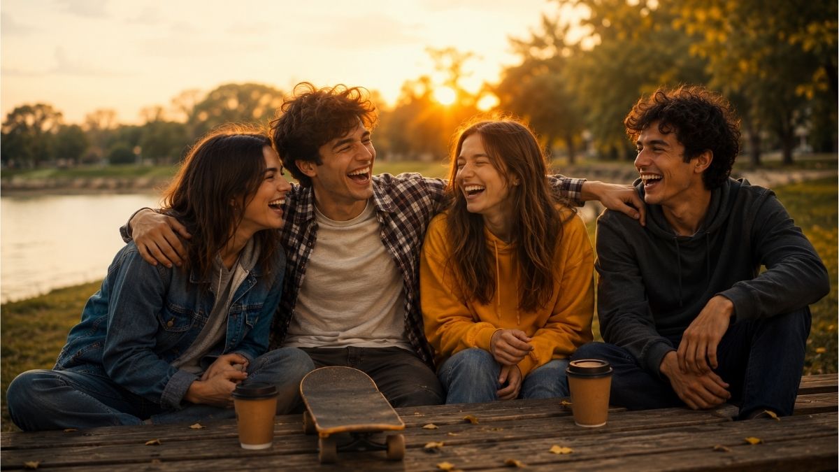 Four best friends laughing together at a lakeside park during golden hour with coffee and a skateboard
