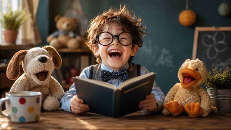 Laughing child reading a book with playful stuffed toys in a cheerful room, perfect for funny kids poems