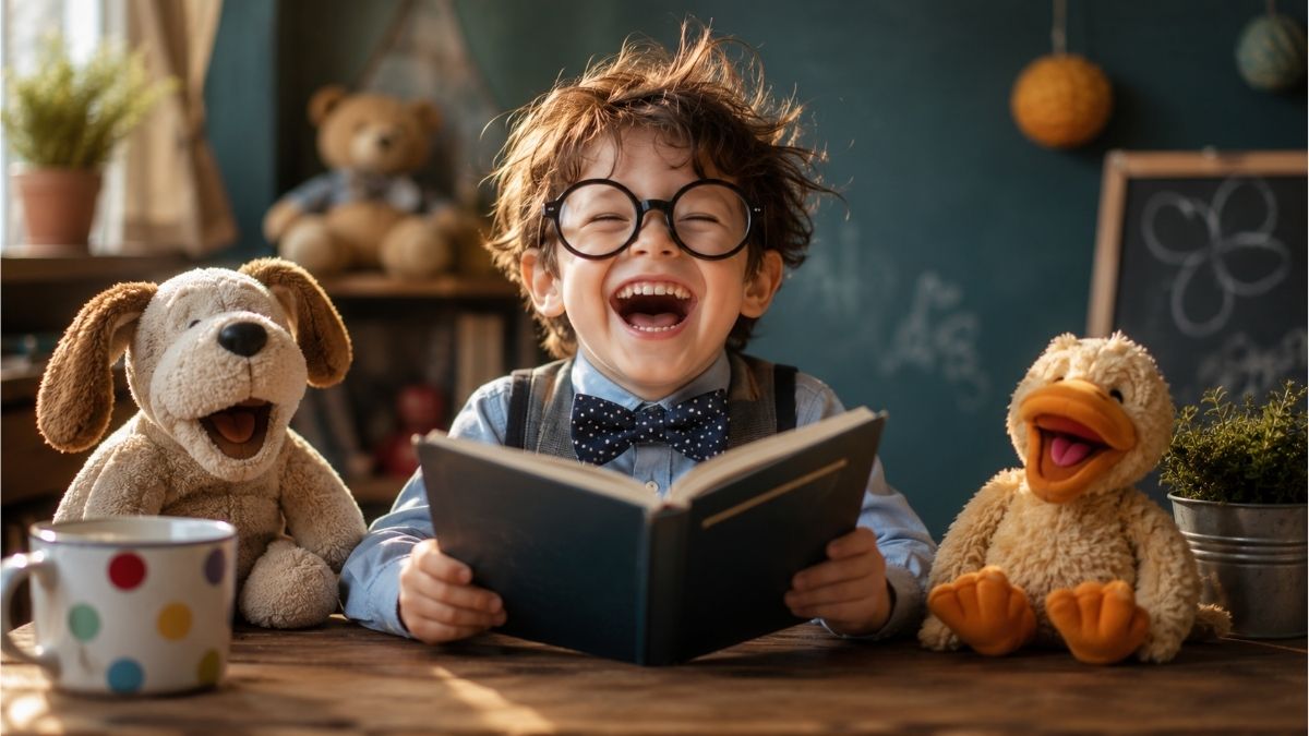 Laughing child reading a book with playful stuffed toys in a cheerful room, perfect for funny kids poems