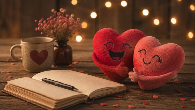 Smiling heart-shaped cushions beside an open notebook and flowers creating a playful romantic poetry scene