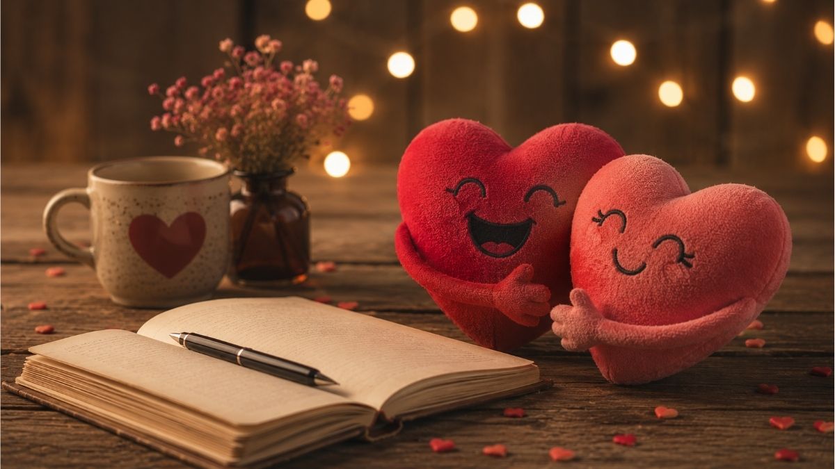 Smiling heart-shaped cushions beside an open notebook and flowers creating a playful romantic poetry scene