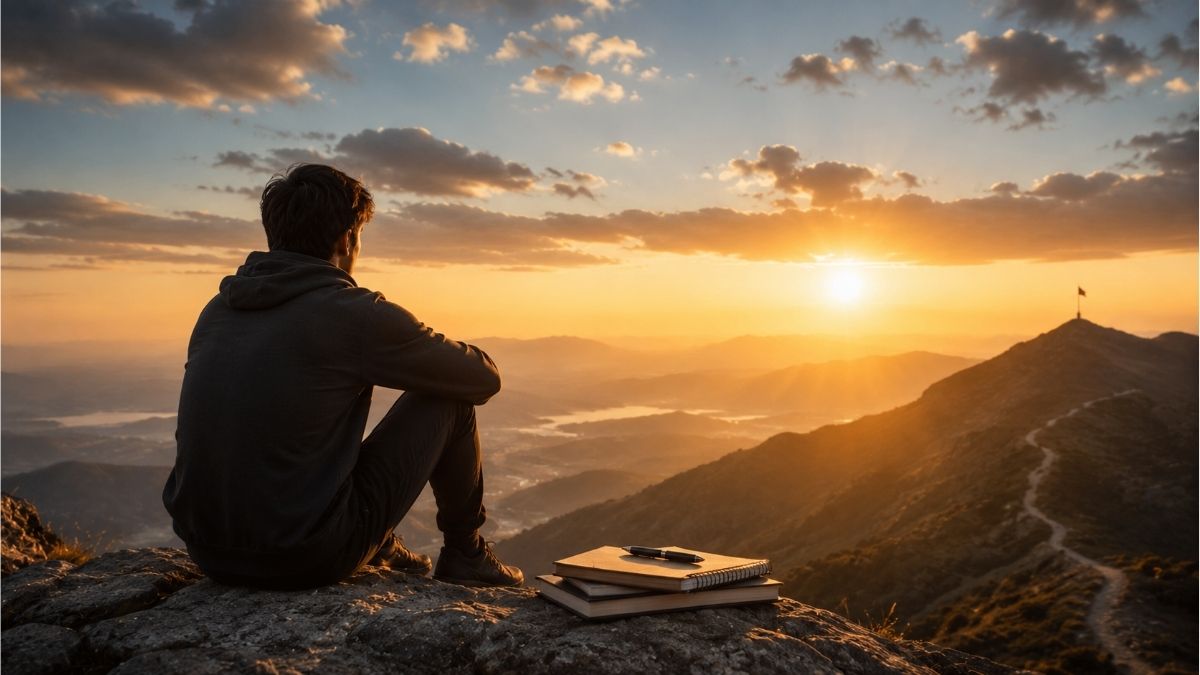 Person sitting on a mountain with a notebook, looking toward a sunrise over a winding path and distant peak representing goals and success