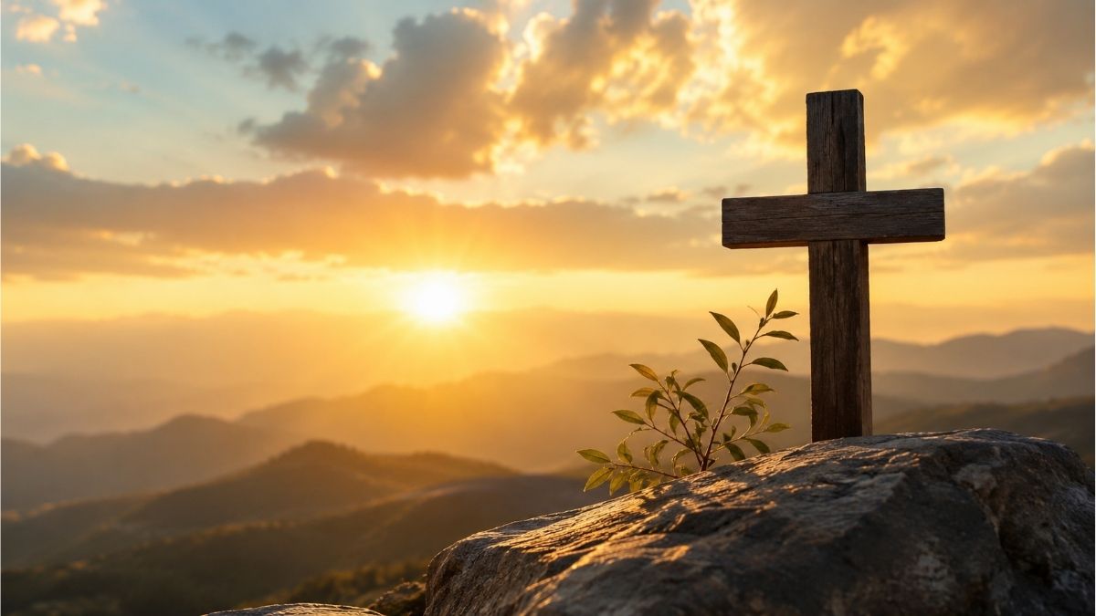 Wooden cross on a rocky hill at sunrise overlooking peaceful mountains, symbolizing God’s promises, hope, and faith