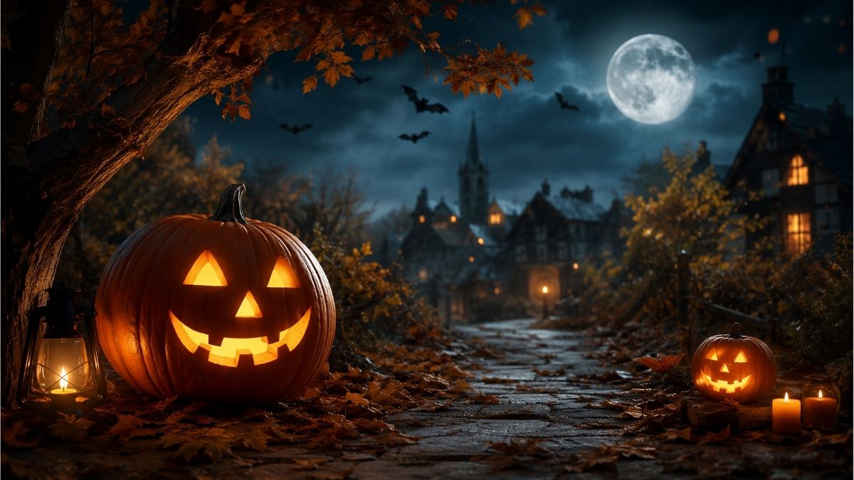 Glowing jack-o'-lanterns along a moonlit village path with bats and autumn scenery for Halloween poems