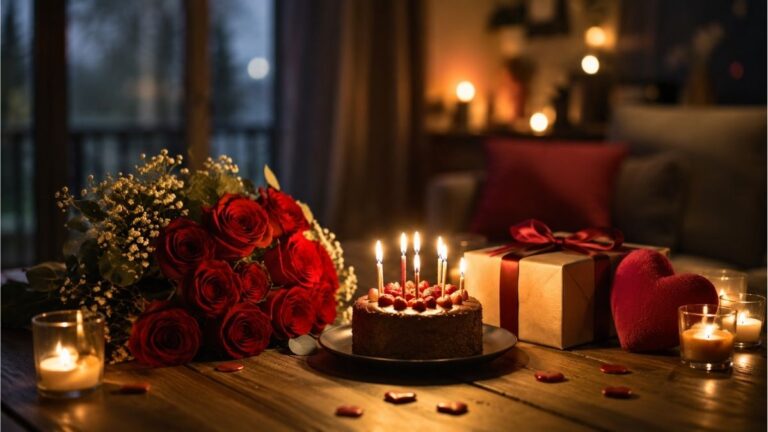 Romantic birthday celebration with red roses, a candlelit cake, and a wrapped gift on a cozy table