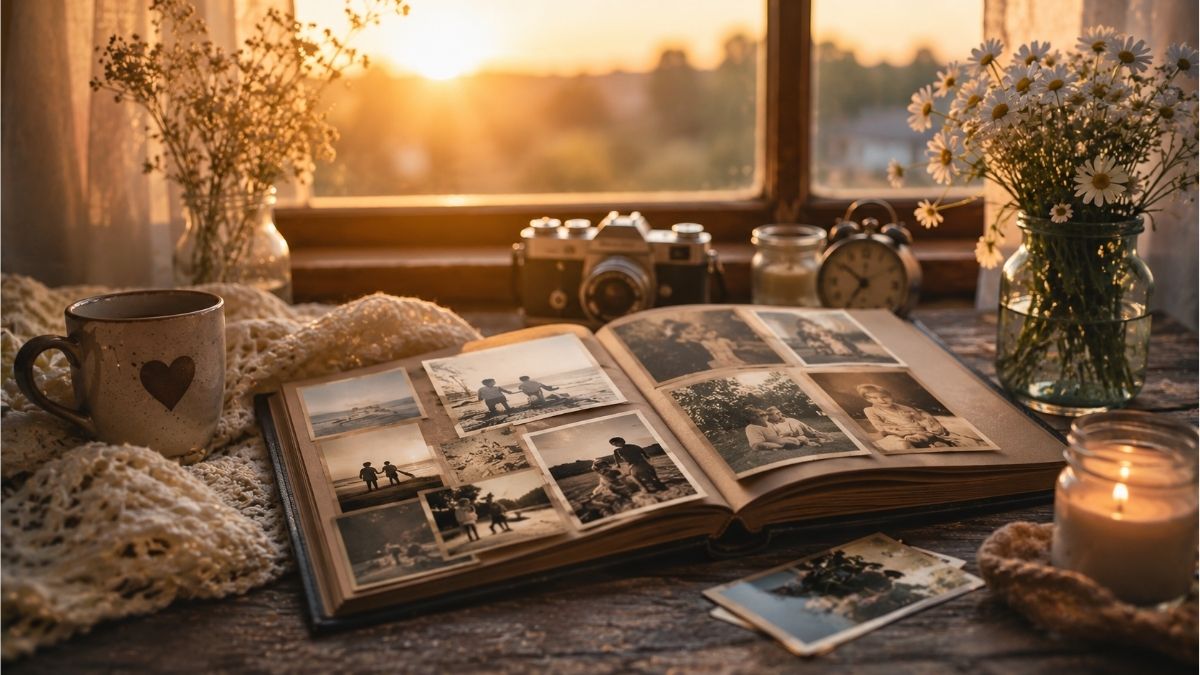 Open photo album on a rustic table beside flowers and a warm sunset window celebrating cherished happy memories