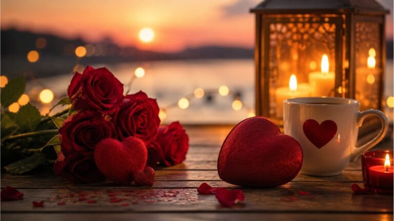 Red roses, heart decorations, glowing candles, and a romantic sunset creating a warm Valentine's Day setting