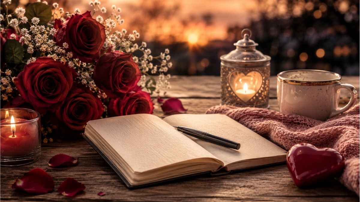 Red roses, glowing candles, an open journal, and a heart ornament for heart melting love poems for her