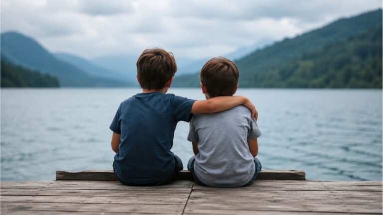 Two brothers sitting together on a wooden dock overlooking a calm lake beneath cloudy skies