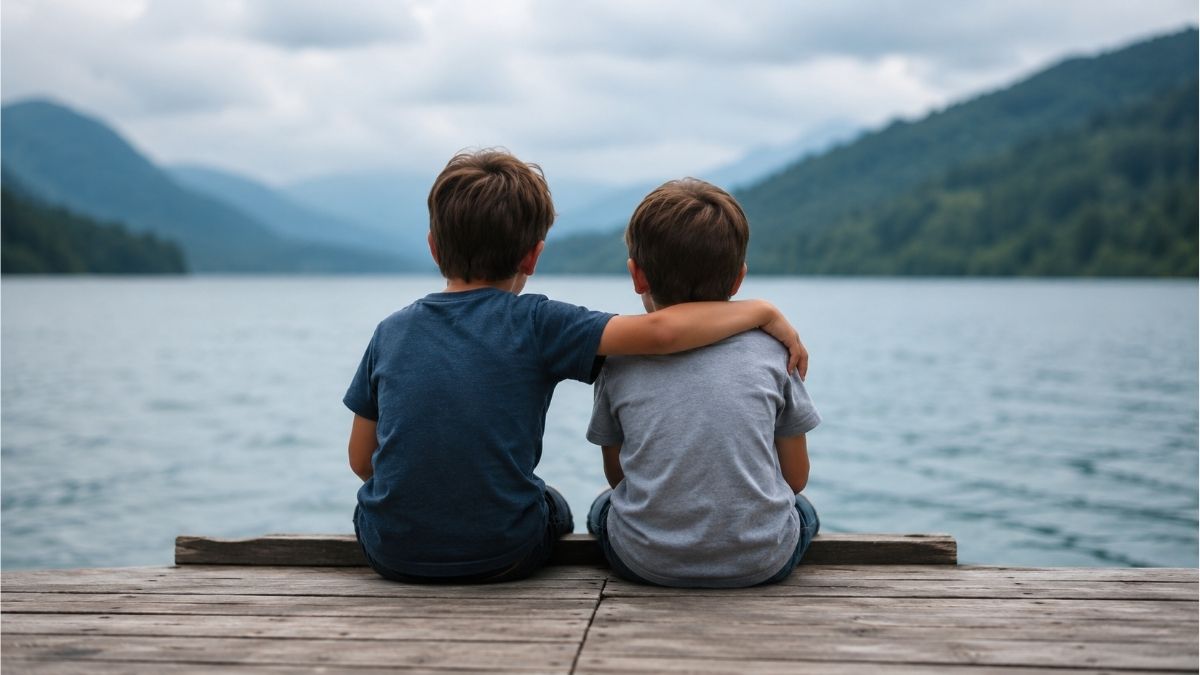 Two brothers sitting together on a wooden dock overlooking a calm lake beneath cloudy skies