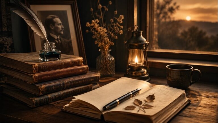 Vintage writing desk with classic books, fountain pen, and an open notebook representing the poetry and literary themes of Henry Van Dyke