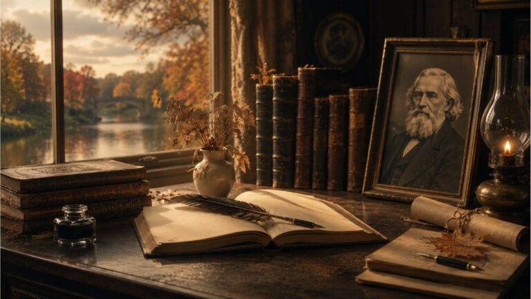 Vintage writing desk with classic books, quill, and a framed portrait overlooking an autumn riverside landscape