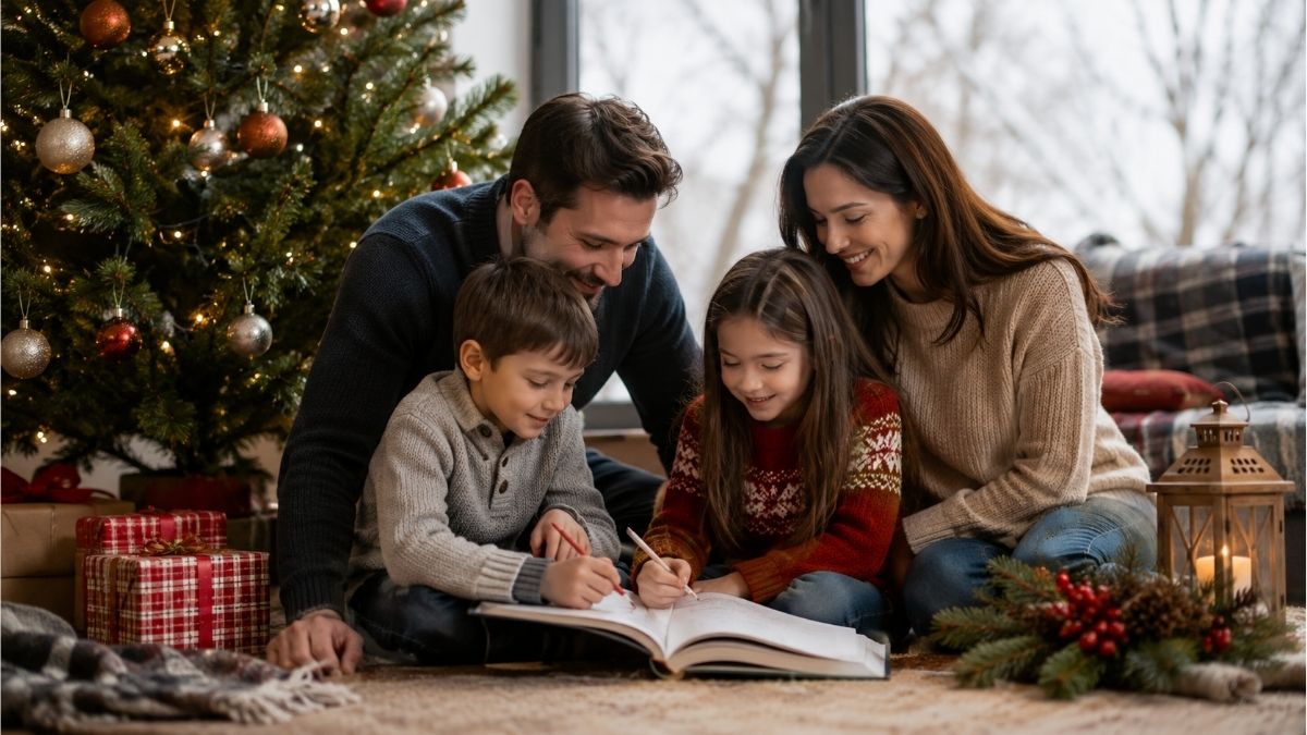 Family gathered around an open book beside a decorated holiday tree as children enjoy a festive poetry activity