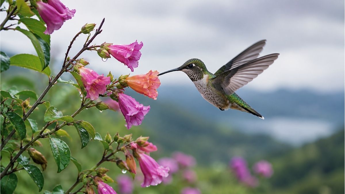 Green hummingbird hovering beside vibrant pink trumpet flowers in soft natural daylight