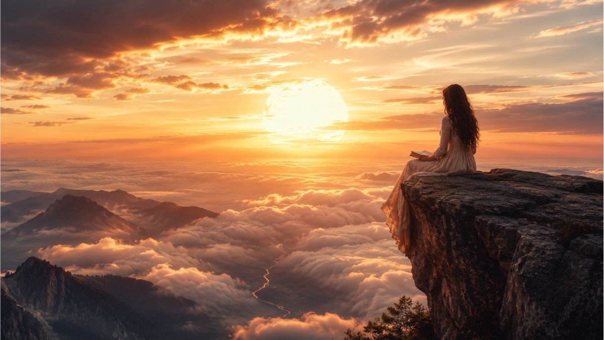 Reader on a cliff overlooking an enormous sunset above the clouds, symbolizing hyperbole in poetry