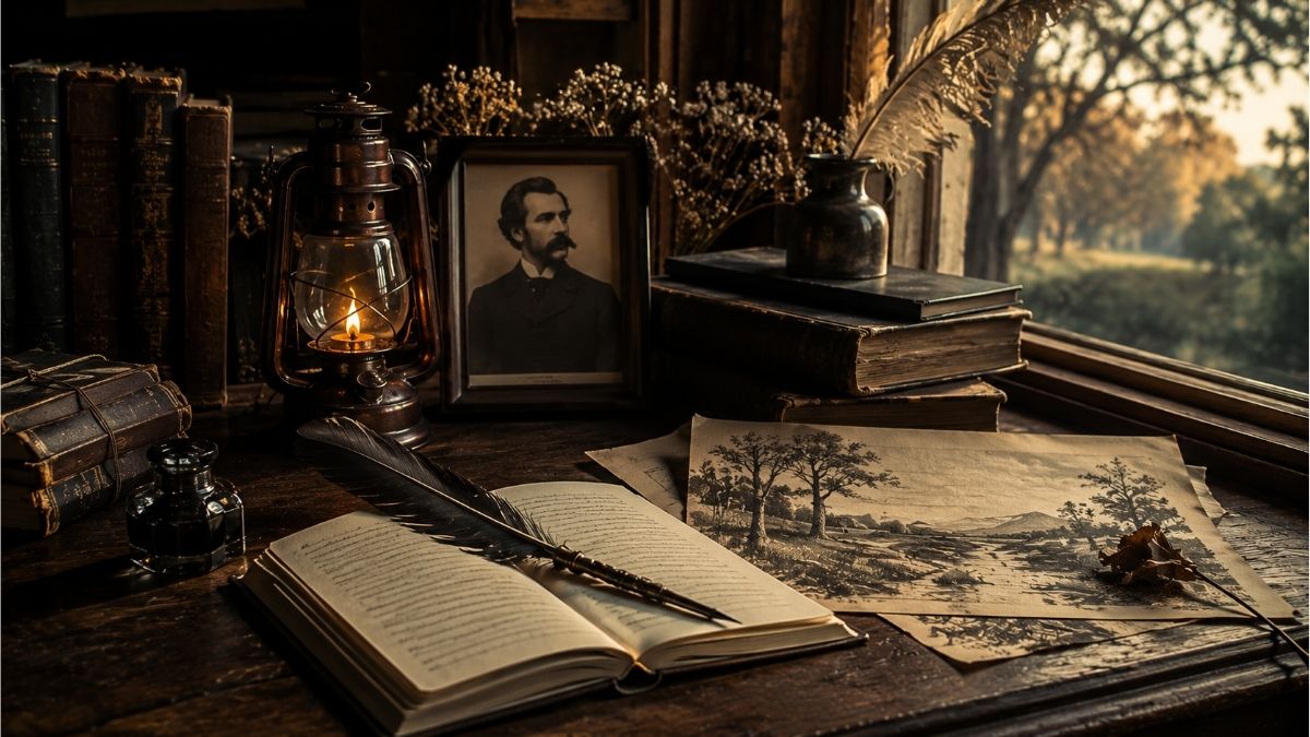 Vintage writing desk with classic books, quill pen and a framed poet portrait representing the study of James Henry Thomas poems