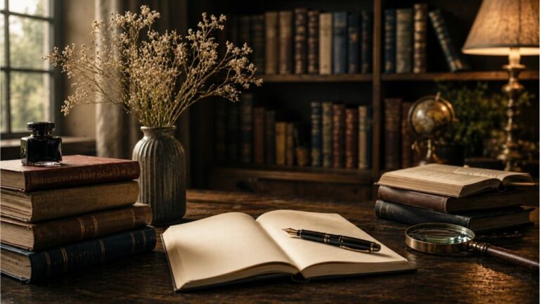 Classic books, an open notebook, fountain pen, and vintage study desk for poetry analysis