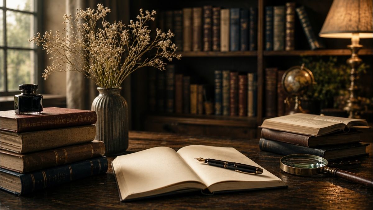 Classic books, an open notebook, fountain pen, and vintage study desk for poetry analysis