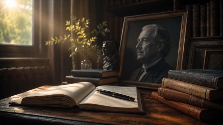 Classic writing desk with an open notebook, vintage books, and a framed poet portrait in a quiet library setting