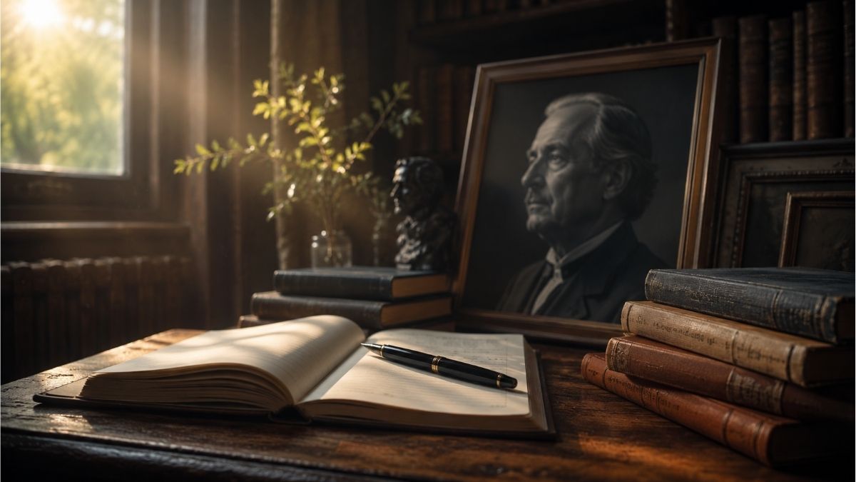 Classic writing desk with an open notebook, vintage books, and a framed poet portrait in a quiet library setting