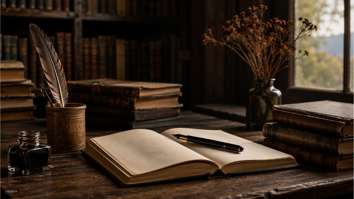 Open notebook with a fountain pen on a vintage writing desk surrounded by classic books in a literary study