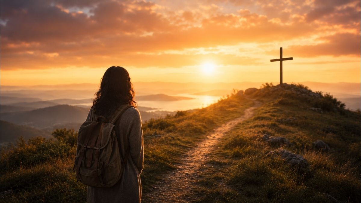 young girl standing on a mountain path facing a cross at sunrise, symbolizing trust and hope in the Christian faith
