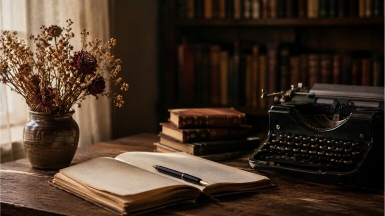 Vintage writing desk with an open notebook, fountain pen, classic typewriter, and books representing the literary themes and analysis of Kate Louise Wheeler poems