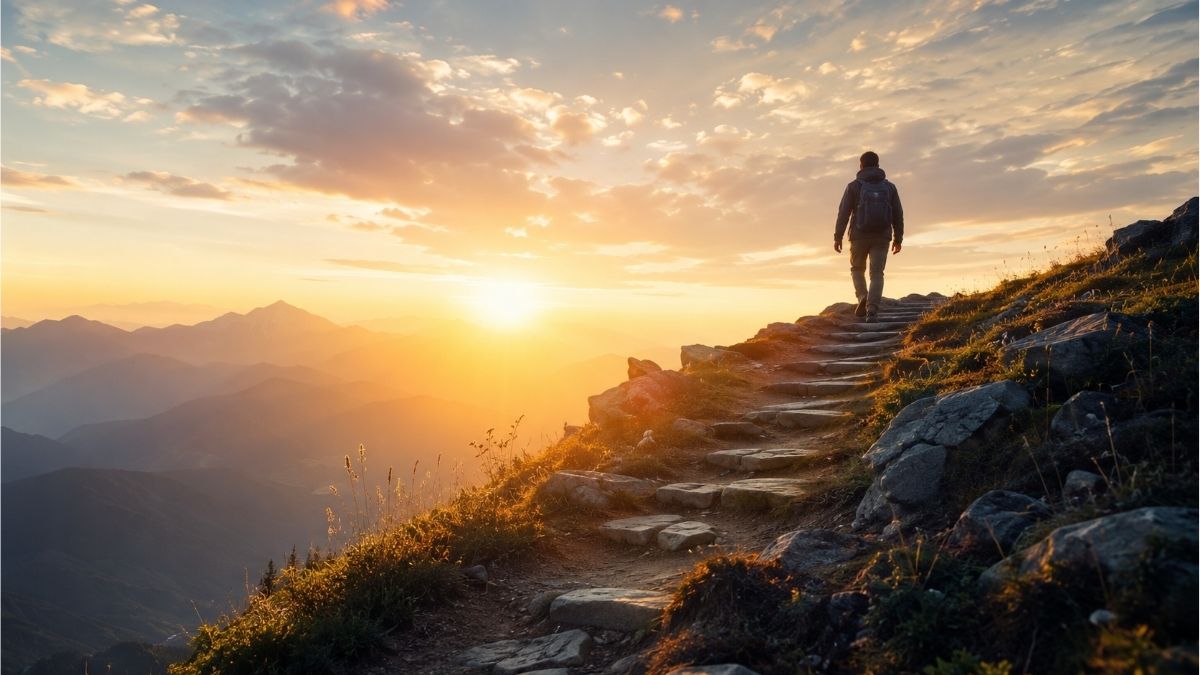 Person walking up a mountain trail toward a sunrise, symbolizing hope, perseverance, and never giving up