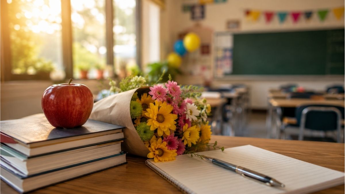 Teacher’s desk with books, flowers, and an empty classroom on the last day of school