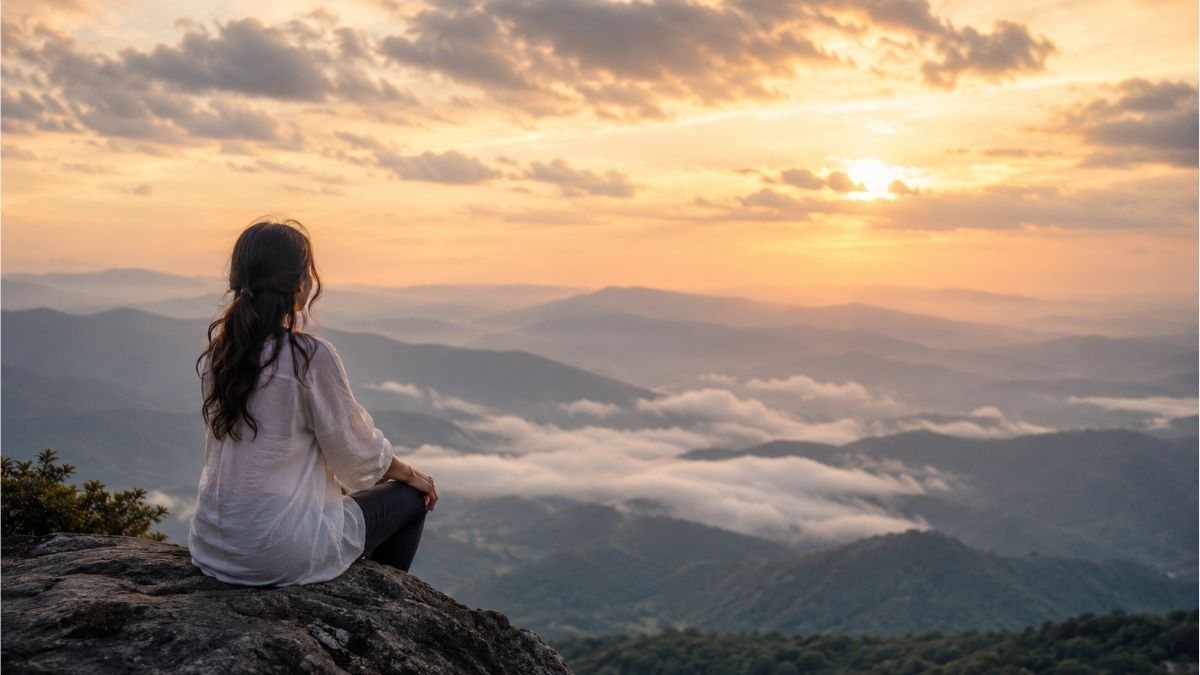 young girl sitting on a mountain overlook at sunrise, symbolizing healing, letting go, and moving forward