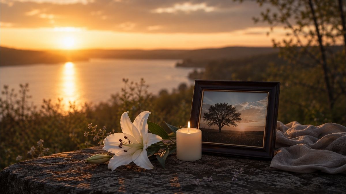 White lily, memorial candle, and framed landscape overlooking a peaceful lake at sunset