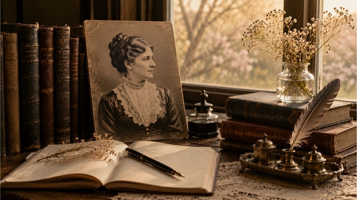 Vintage writing desk with classic books, quill, and a portrait representing Lillian E. Curtis and her poetry