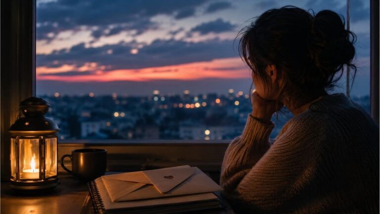 Person sitting by a window at sunset with a handwritten letter and candle, symbolizing long-distance love and longing