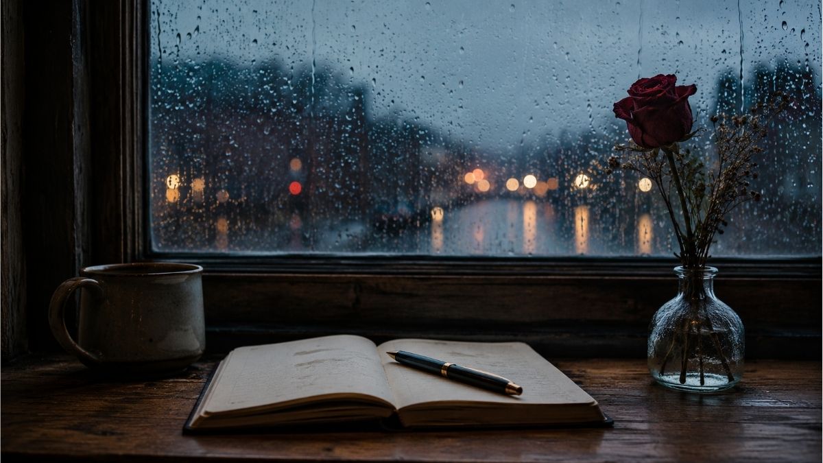 Romantic red rose beside an open notebook on a rainy window scene for love poems for wife