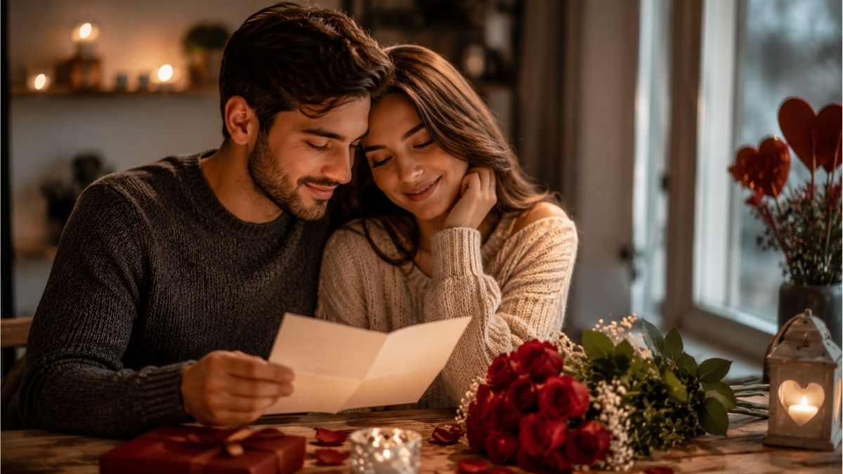 Couple reading a heartfelt love letter together beside roses and candlelight in a cozy romantic room