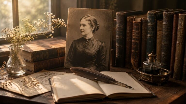 Vintage writing desk with classic books, quill, and a portrait representing Lucy Larcom and her poetry