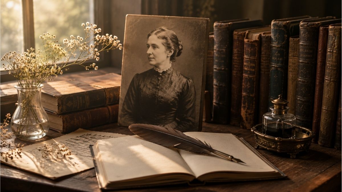 Vintage writing desk with classic books, quill, and a portrait representing Lucy Larcom and her poetry