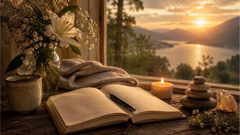 Open journal with a candle, white flowers and peaceful lakeside sunset reflecting healing and spiritual wisdom in Mark Nepo poems