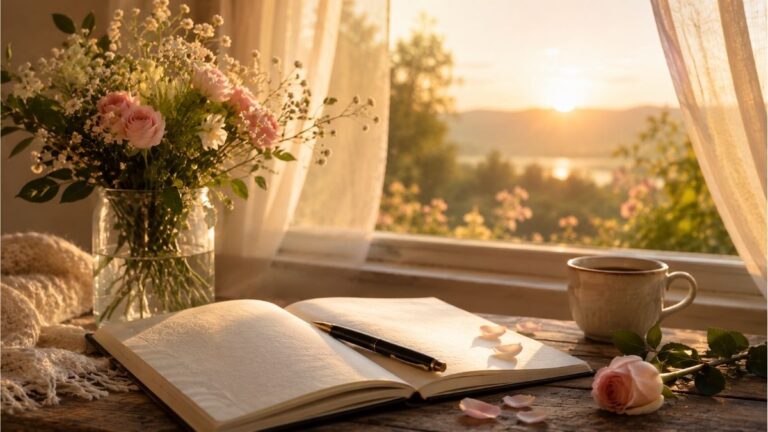 Open journal with a fountain pen, fresh flowers and a sunlit window reflecting the themes of hope, love, faith and memory in Mary C. Ryan poetry