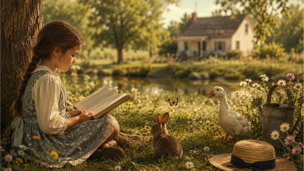 girl reading beneath a tree with wildflowers, a rabbit, and a duck in a peaceful countryside