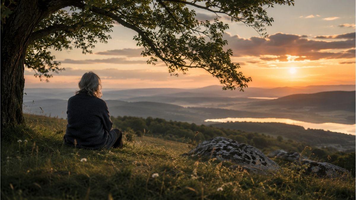 Peaceful landscape at sunset with a solitary women beneath a tree overlooking rolling hills, reflecting themes of nature, grief, death, and hope in Mary Oliver's poetry