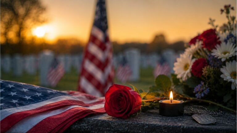 American flag, red rose, candle, and military dog tags at a memorial honoring fallen heroes