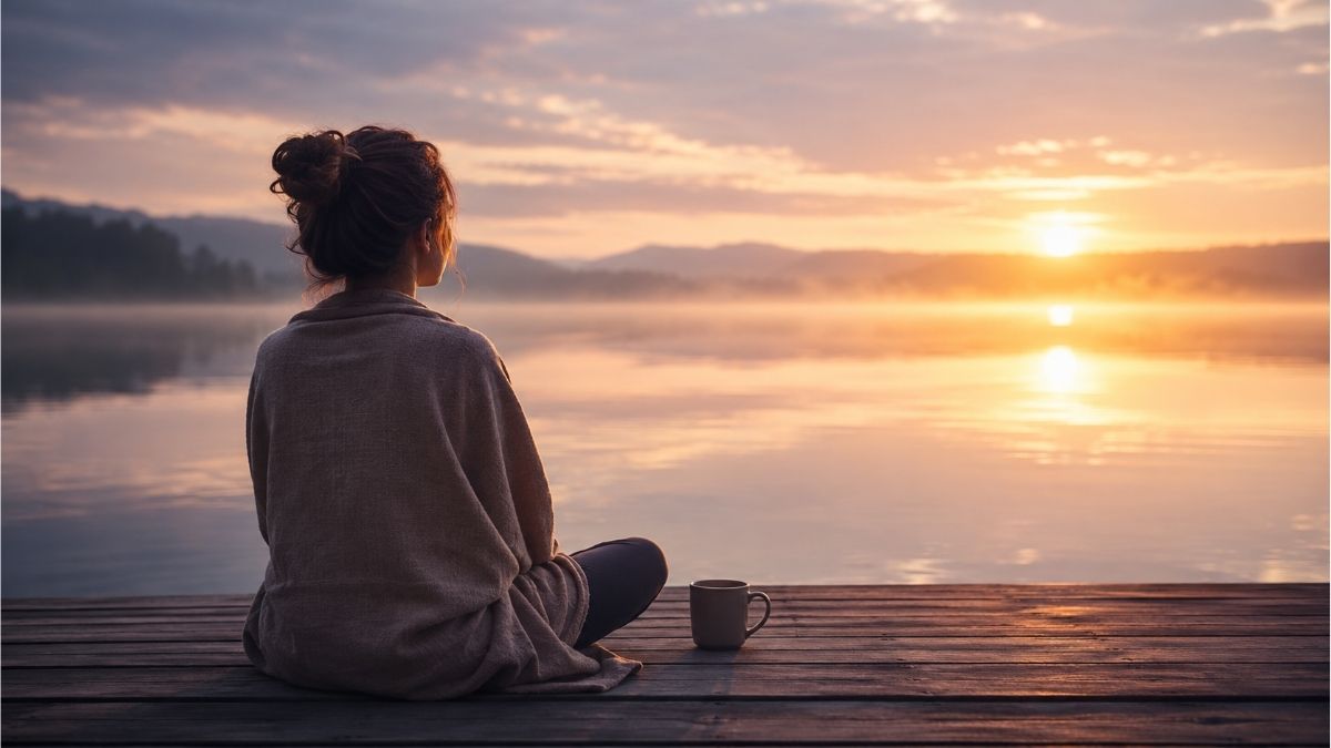young girl sitting quietly on a wooden dock overlooking a calm lake at sunrise, reflecting patience, peace, and mindfulness