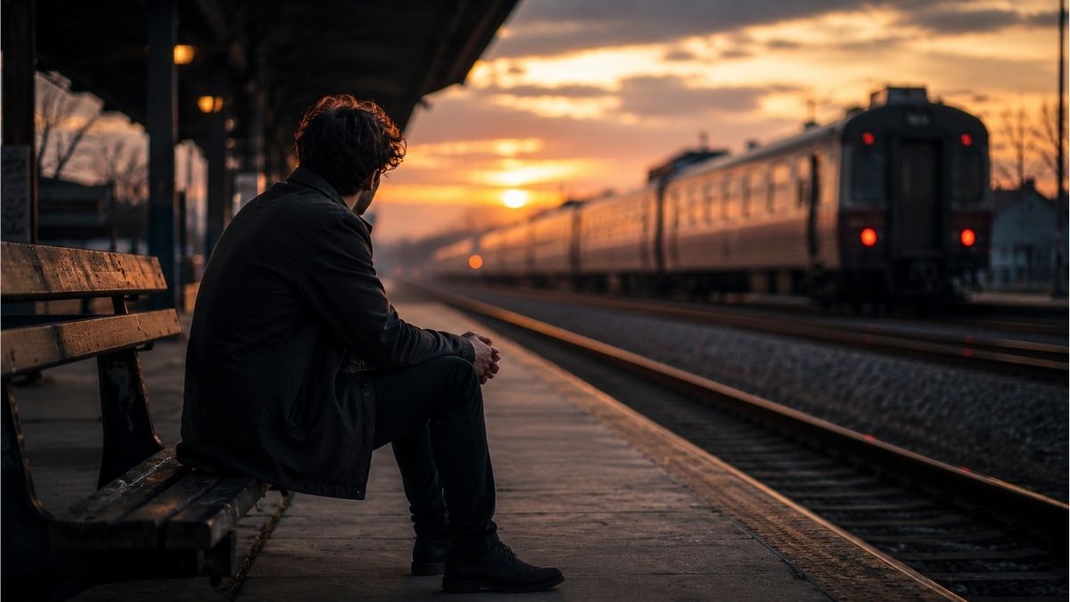 Person sitting alone on a lakeside bench at sunset watching someone walk away along an autumn path