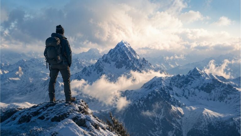Lone hiker standing on a snowy mountain ridge overlooking towering peaks beneath a dramatic winter sky