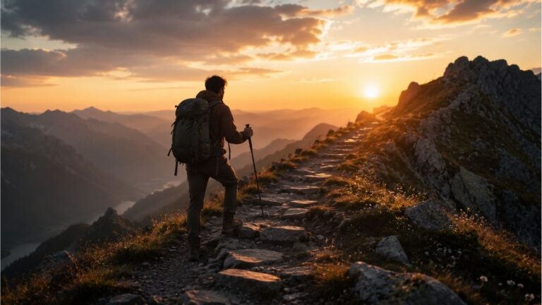 Hiker climbing a rocky mountain trail toward the sunrise symbolizing perseverance and hope in Never Give Up poems