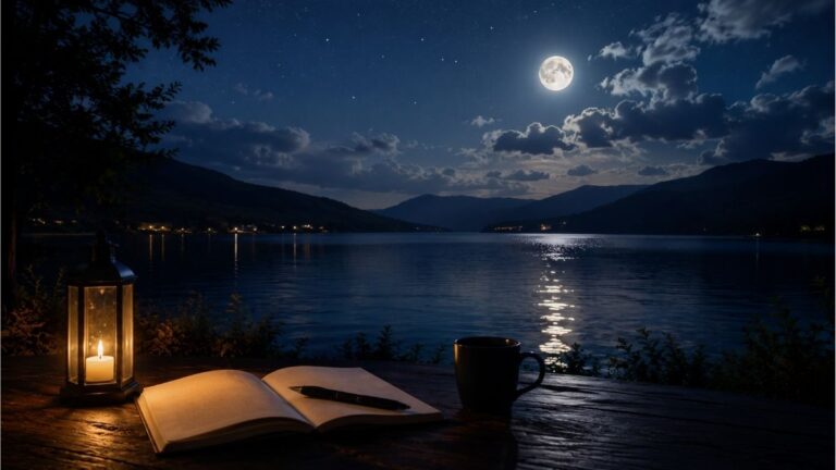 Moonlit lake with an open notebook, lantern, and pen reflecting the peaceful atmosphere of nighttime poetry